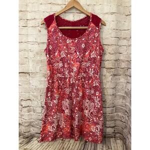 Kim Rogers Dress Womens Large Pink Floral A Line Crochet Trim Cotton Stretch